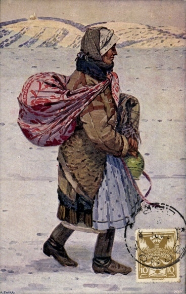 Artist Postcard Frolka, A., Slovakian traditional costume, woman in coat, headscarf, snow