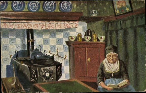 Artist PC Gerstenhauer, Johann Georg, old woman in Dutch costume with a book at the stove