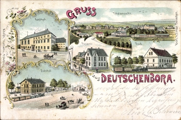 Chromo-Litho Deutschenbora Nossen in Saxony, inn, train station, post office, bath