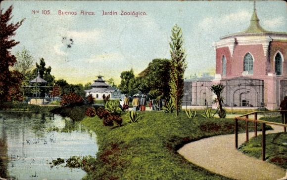 Postcard Palermo Buenos Aires Argentina, Jardin Zoológico, people, plants, water, buildings