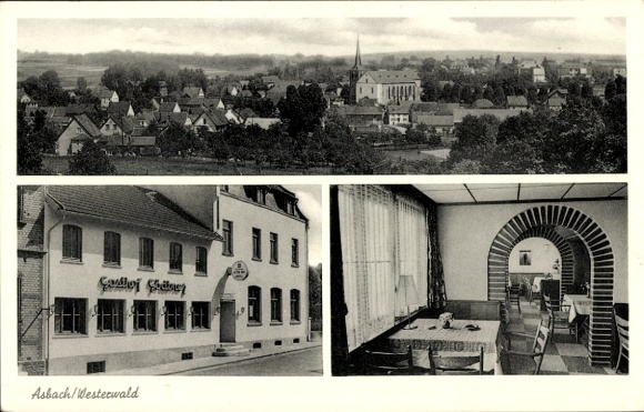 Postcard Asbach in the Westerwald, Gasthof Gödtner, Panorama