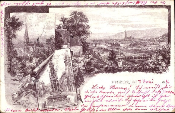 Artist Postcard Spindler, Erwin, Freiburg im Breisgau, general view, church, fountain