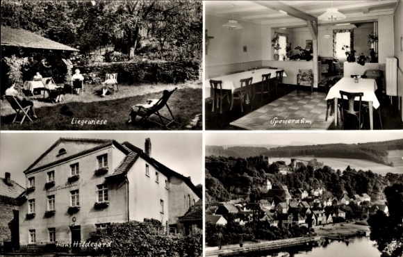 Postcard Herstelle Beverungen an der Weser, Haus Hildegard, lawn, dining room, general view