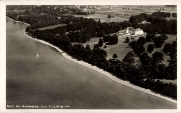 Postcard Buch am Ammersee Inning Upper Bavaria, aerial photograph, Ammersee, castle, sailboat