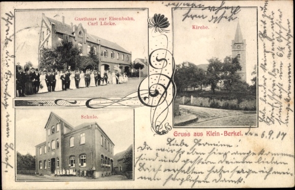 Ak Klein Berkel Hameln in Niedersachsen, Gasthaus zur Eisenbahn, Schule, Kirche