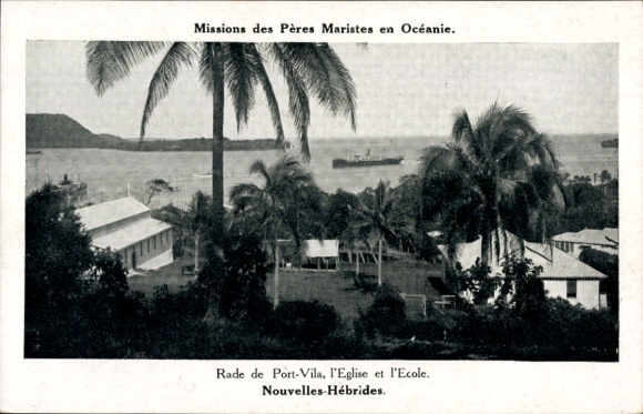 Postcard Port Vila Vanuatu New Hebrides Pacific, port, church, school, Marist Fathers missions