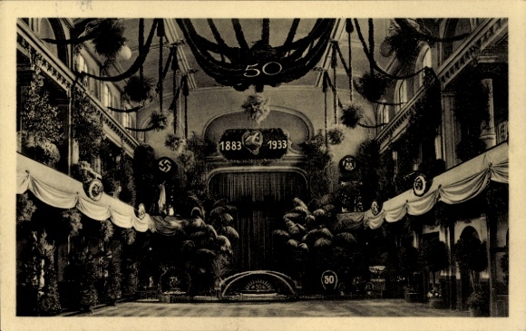 Postcard Augsburg, Saalbau, Gärtnerverein Rose, 50th anniversary 1933, ballroom