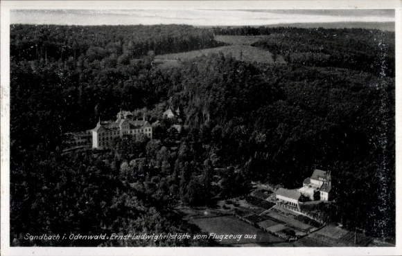 Postcard Sandbach Breuberg in the Odenwald Hesse, aerial view of Sandbach, Ernst Ludwig sanatorium, Waldg