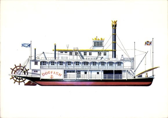 Postcard Mississippi river steamer Dogfish, 1868, wheel drive