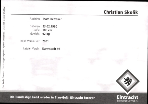 Autograph card team supervisor Christian Skolik, Eintracht Braunschweig, autograph