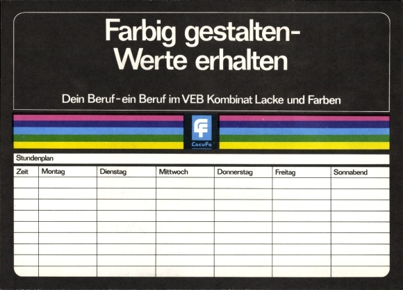 GDR timetable VEB Kombinat Lacke und Fraben, colorful design - values received around 1970