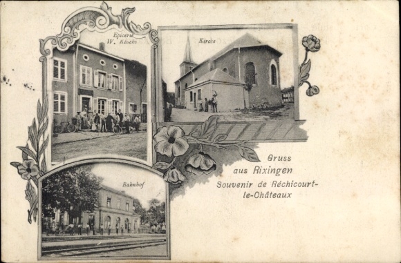Ak Rechicourt le Chateau Rixingen Lothringen Moselle, Bahnhof, Gleisseite, Kirche