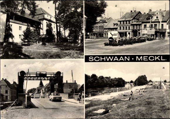 Postcard Schwaan in Mecklenburg, Waldeck sanatorium, market place, campsite Sandgarten