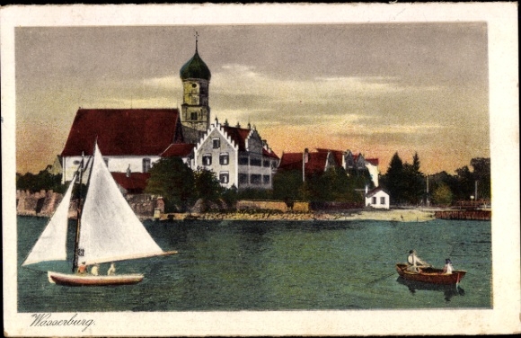 Postcard Wasserburg am Inn Upper Bavaria, sailing boat, fishing boat, water, building