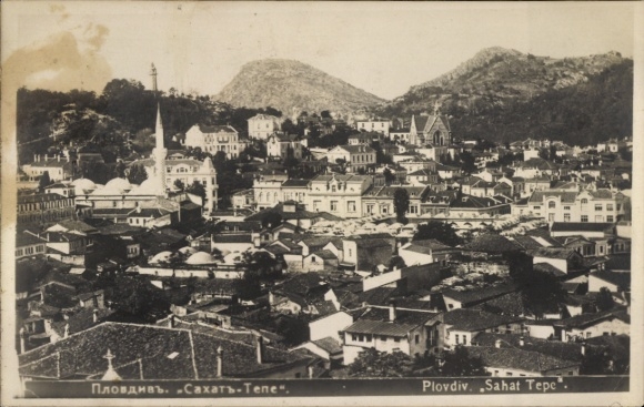 KP Plovdiv Plovdiv Bułgaria, panorama zabytkowych budynków, Sahat Tepe, meczet, góry