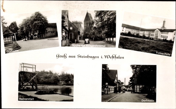 KP Steinhagen w Westfalii, centrum wsi, kościół, szkoła podstawowa, odkryty basen, wiejska ulica