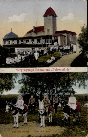 Postcard Spreedorf Ebersbach in Upper Lusatia, entertainment restaurant Felsenmühle, donkey