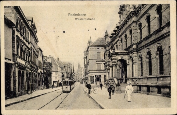 Postcard Paderborn in North Rhine Westphalia, Westernstraße, tram, passers-by