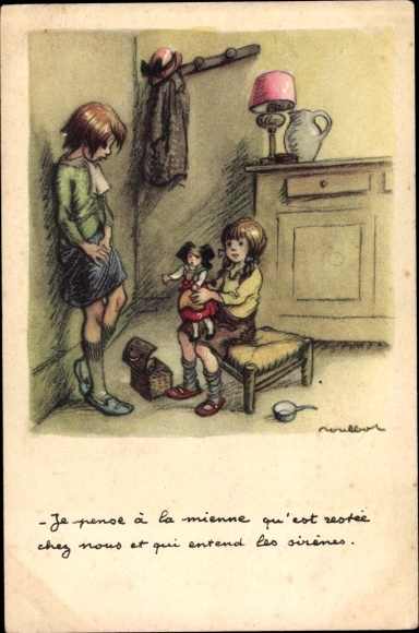 Artist PC Poulbot, Francisque, children, girls with doll, Ligue national contre le taudis