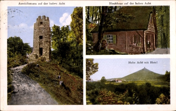Postcard Adenau in the Eifel, observation tower on the Hohe Acht, log cabin, hotel