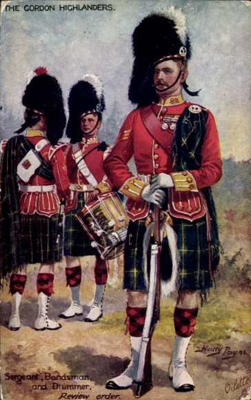 Artist Postcard Payne, The Gordon Highlanders, Sergeant, Bandsman and Drummer