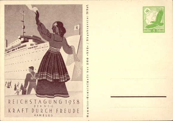 Postal stationery Postcard Hamburg, Reichstagung der NSG KdF 1938, steamer Wilhelm Gustloff