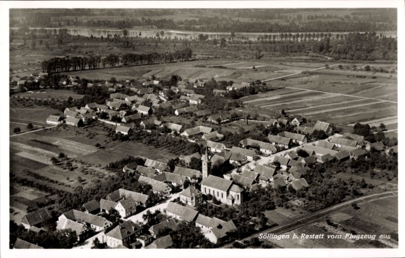 Postcard Söllingen Pfinztal am Kraichgau, aerial view of Söllingen, rural surroundings, church in the