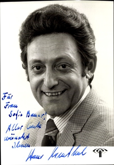 Postcard director, actor and presenter Hans Rosenthal, portrait, autograph, suit, tie