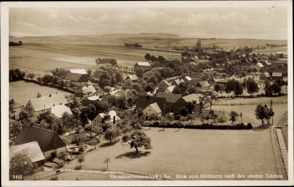 Postcard Großhartmannsdorf in the Ore Mountains, view from the church tower to the upper ponds