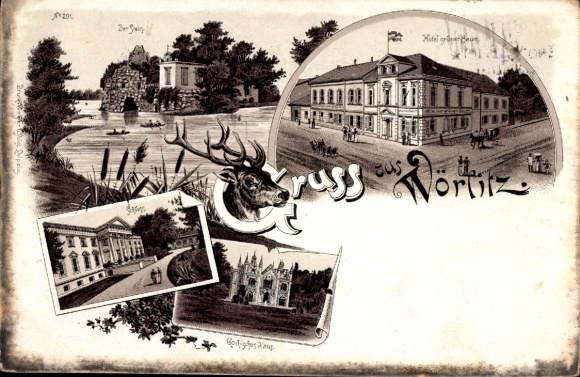 litho Oranienbaum Wörlitz Saksen Anhalt, Hotel Grüner Baum, Steen, Kasteel