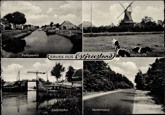 Postcard Esens in Ostfriesland, windmill, Fehnpartie, Sielbrücke, forest road