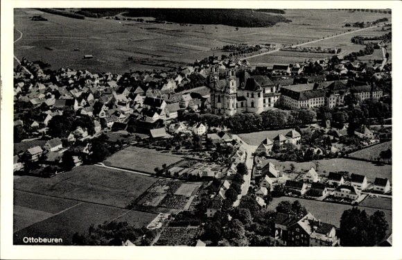 Postcard Ottobeuren in Upper Swabia Allgäu, aerial view of church, villages, fields