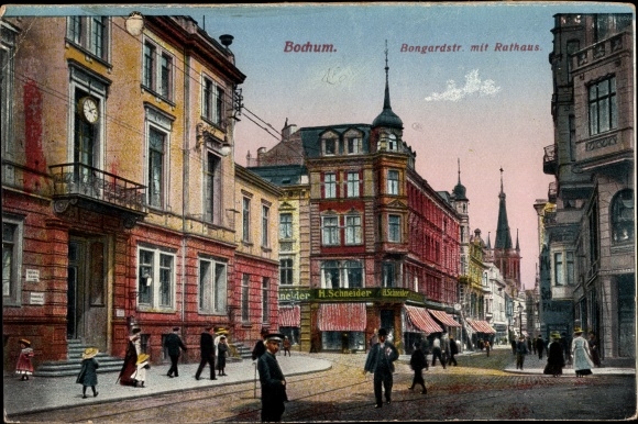 PC Bochum in the Ruhr area, Bongardstrasse with town hall, plot by H. Schneider