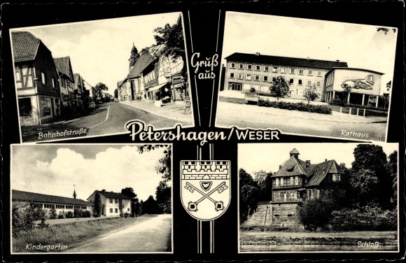 Postcard Petershagen on the Weser North Rhine-Westphalia, town hall, Bahnhofstrasse, castle, kindergarten