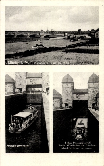 Ak Minden in Westfalen, Kanalbrücke, Salon Passagierschiff Porta Westfalica, Schachtschleuse