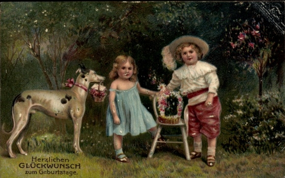 Präge Ak Glückwunsch Geburtstag, Kinder, Blumen, Windhund