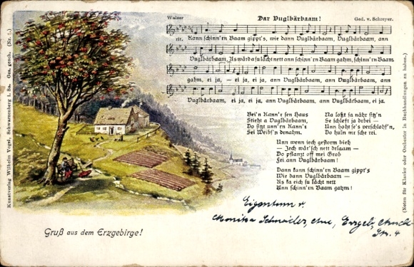 Song Postcard Vogel, Wilhelm, Dar Vuglbärbaam, landscape idyll, Erzgebirge