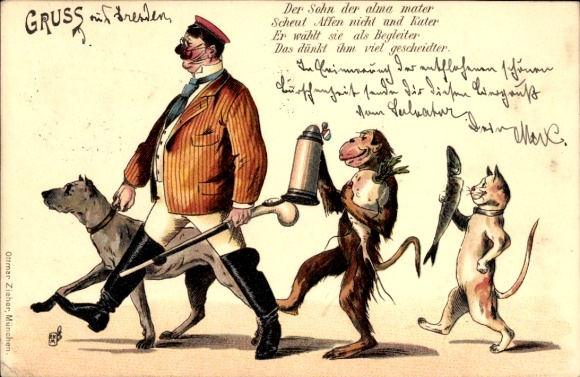 Studentika Postcard cat, dog, drunk student, monkey, fish, gun