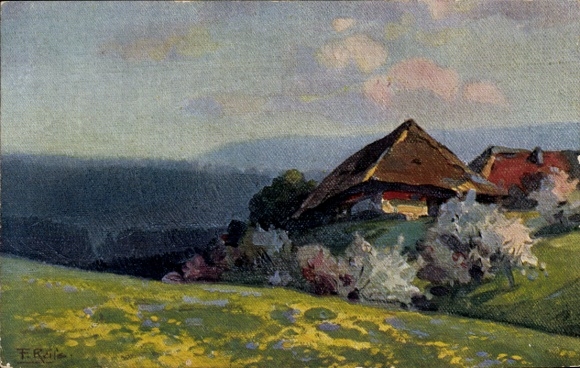 Artist Postcard Reiss, Fritz, Spring in the Black Forest, meadow, farmhouses