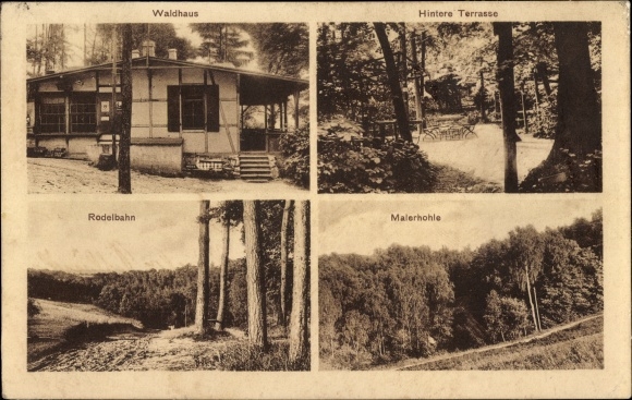 Ak Mücheln im Saalekreis, Waldhaus, Hintere Terrasse, Rodelbahn, Malerhohle