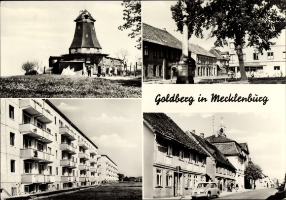Postcard Goldberg in Mecklenburg, street section, mill, monument, blocks of flats