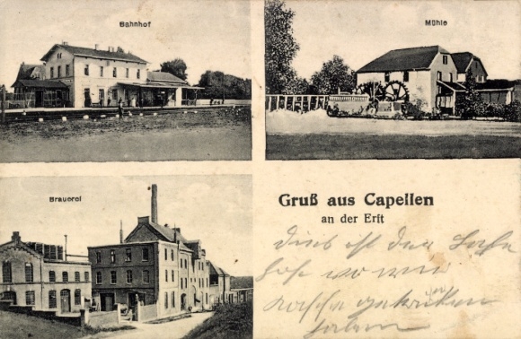 Ak Kapellen an der Erft Grevenbroich, treinstation, molen, brouwerij