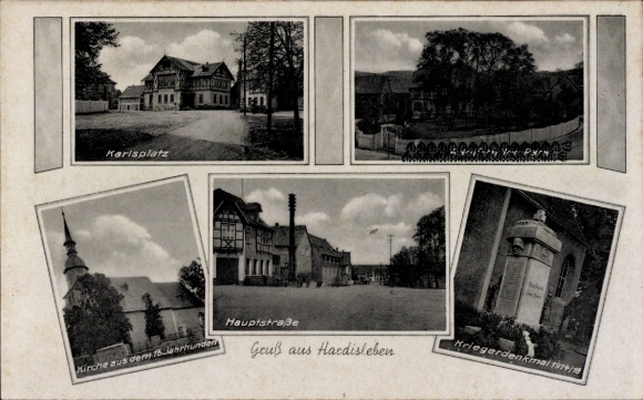 Postcard Hardisleben Buttstädt in Thuringia, Karlsplatz, main street, war memorial, church