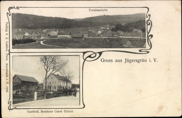 Postcard Jägersgrün Tannenbergsthal in Vogtland, general view, inn by Carel Ulrich