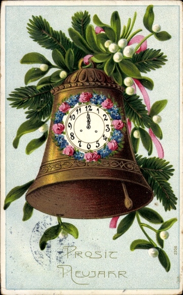 Litho Glückwunsch Neujahr, Glocke, Uhr, Mistelzweige