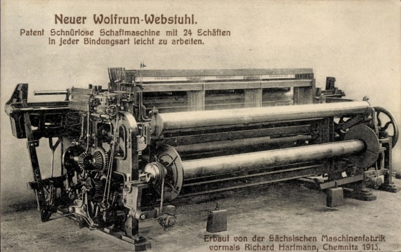 Postcard New Wolfrum loom, patent cordless dobby, Richard Hartmann machine factory