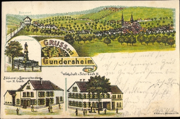 Chromo-Litho Gundersheim in Rheinhessen, bakery and shop, economy, war memorial, train station