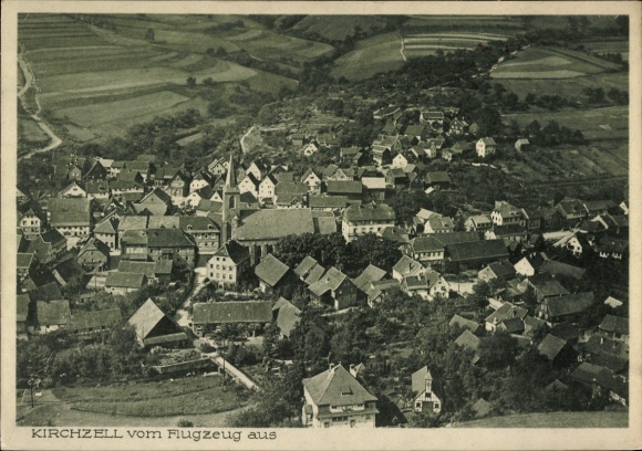 Postcard Kirchzell in the Odenwald Lower Franconia, aerial view of many houses, wide landscape