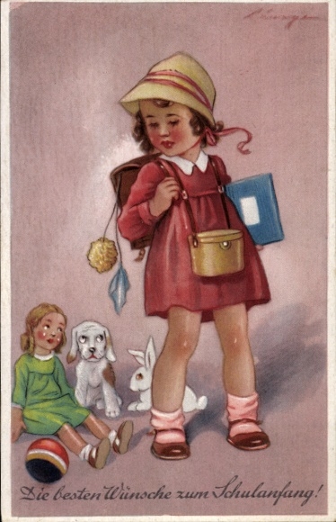 Artist Postcard Congratulations School Enrollment, Girl, Doll, Ball