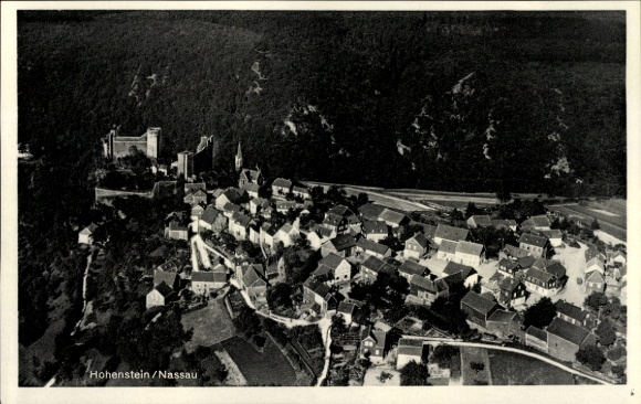 Postcard Hohenstein in Nassau Untertaunus, Hotel Restaurant Pension Burg Hohenstein, aerial photograph